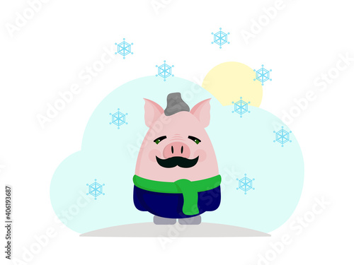 Postcard with Man pig on blue background, cute cartoon vector illustration