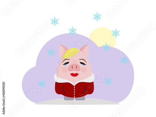 Postcard with female pig on violet background, cute cartoon vector illustration