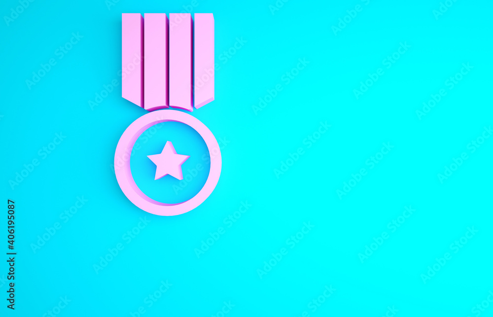 Pink Medal icon isolated on blue background. Winner achievement sign. Award medal. Minimalism concept. 3d illustration 3D render. Pink Medal icon isolated on blue background. Winner achievement sign. Award medal. Minimalism concept. 3d illustration 3D render.
