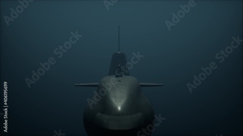 Submarine diving down underwater in deep murky water. Font view. 3D Animation.