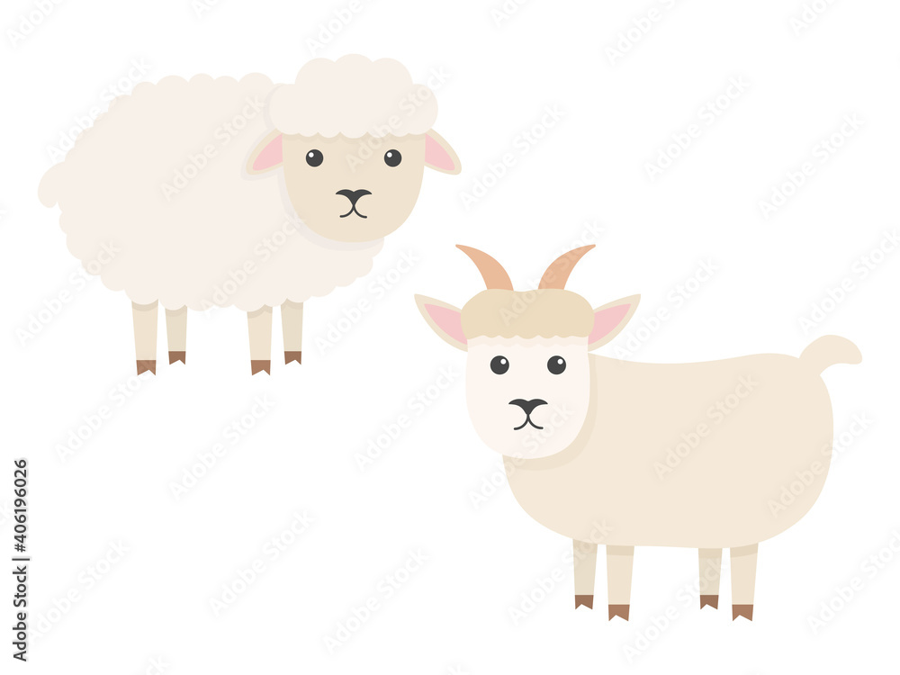 Cute sheep and goat character set. Cartoon farm animals collection. Vector illsutration isolated on white Cute sheep and goat character set. Cartoon farm animals collection. Vector illsutration isolated on white