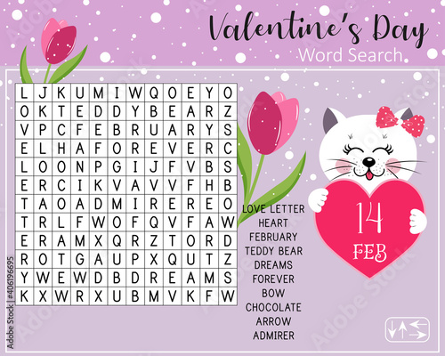 Beautiful Valentine's Day word search puzzle. Educational game for learning English. Crossword for children about holiday.   
Entertainment banner for social media. 14 february vector illustration.