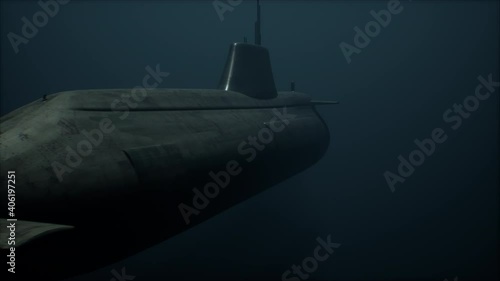 Submarine diving down under water. Submerged in deep murky waters. 3D Animation.