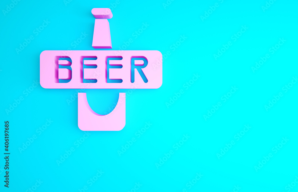 Pink Beer bottle icon isolated on blue background. Minimalism concept. 3d illustration 3D render. Pink Beer bottle icon isolated on blue background. Minimalism concept. 3d illustration 3D render.