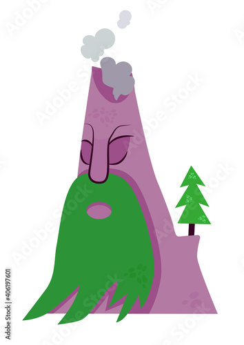 Old sleeping volcano, barely smokes, Christmas tree on the edge of the volcano