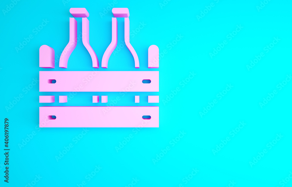 Pink Pack of beer bottles icon isolated on blue background. Wooden box and beer bottles. Case crate beer box sign. Minimalism concept. 3d illustration 3D render. Pink Pack of beer bottles icon isolated on blue background. Wooden box and beer bottles. Case crate beer box sign. Minimalism concept. 3d illustration 3D render.