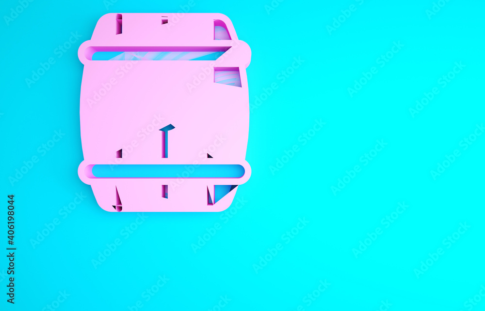Pink Wooden barrel icon isolated on blue background. Alcohol barrel, drink container, wooden keg for beer, whiskey, wine. Minimalism concept. 3d illustration 3D render.