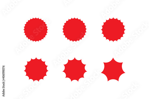 Badge red prise. Sticker starburst ribbon. Star tag sale discount in vector flat