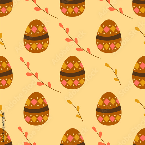 Seamless pattern with Easter eggs and willow twigs. Happy Easter. Colorful vector cartoon illustration. Suitable for wrapping paper, fabric, print
