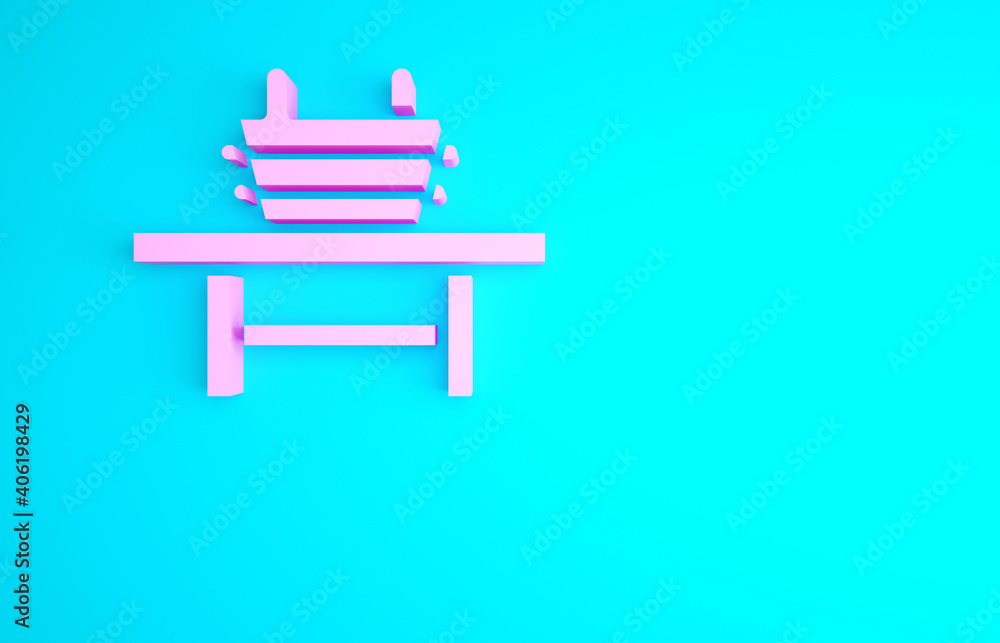 Pink Sauna bench with bucket icon isolated on blue background. Minimalism concept. 3d illustration 3D render. Pink Sauna bench with bucket icon isolated on blue background. Minimalism concept. 3d illustration 3D render.