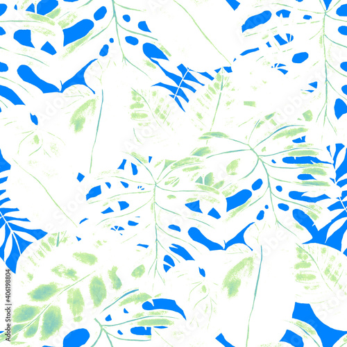 Fototapeta Naklejka Na Ścianę i Meble -  Modern abstract seamless pattern with watercolor tropical leaves for textile design. Retro bright summer background. Jungle foliage illustration. Swimwear botanical design. Vintage exotic print.	