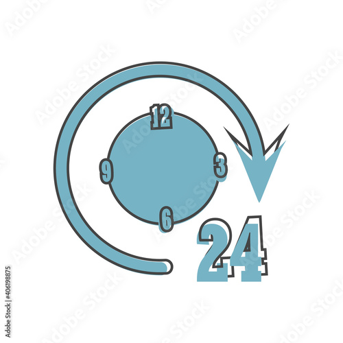 Vector image round the clock. 24 hours. Time icon on cartoon style on white isolated background.