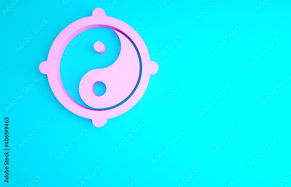 Pink Yin Yang symbol of harmony and balance icon isolated on blue background. Minimalism concept. 3d illustration 3D render. Pink Yin Yang symbol of harmony and balance icon isolated on blue background. Minimalism concept. 3d illustration 3D render.