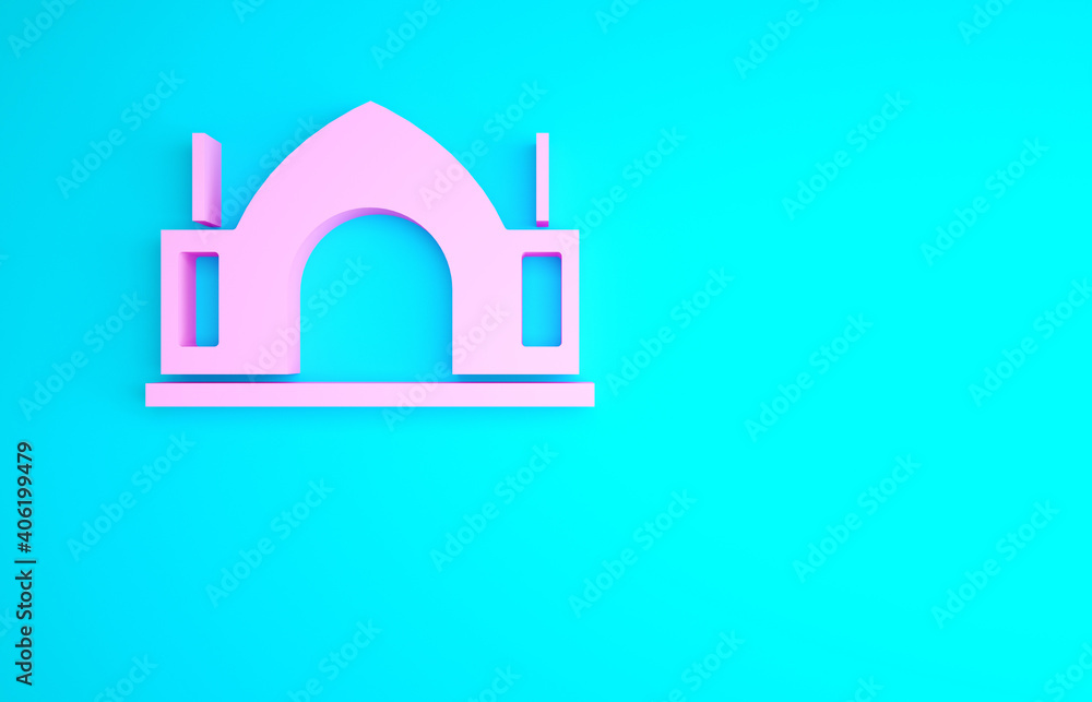 Pink Hindu spiritual temple icon isolated on blue background. Minimalism concept. 3d illustration 3D render. Pink Hindu spiritual temple icon isolated on blue background. Minimalism concept. 3d illustration 3D render.