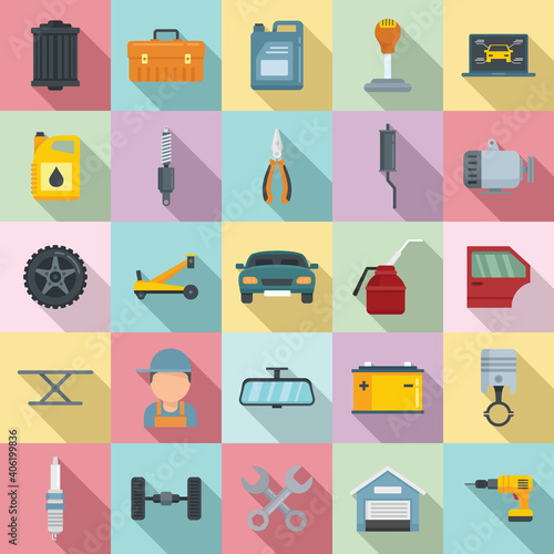 Auto mechanic icons set. Flat set of auto mechanic vector icons for web design