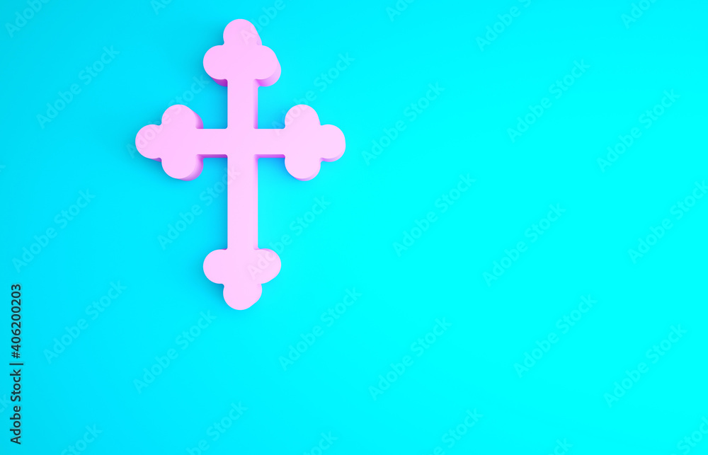 Pink Christian cross icon isolated on blue background. Church cross. Minimalism concept. 3d illustration 3D render. Pink Christian cross icon isolated on blue background. Church cross. Minimalism concept. 3d illustration 3D render.