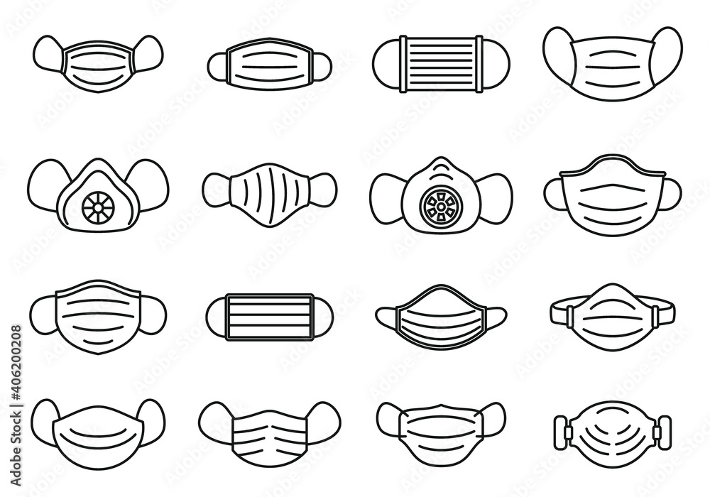 Medical mask flu icons set. Outline set of medical mask flu vector icons for web design isolated on white background Medical mask flu icons set. Outline set of medical mask flu vector icons for web design isolated on white background