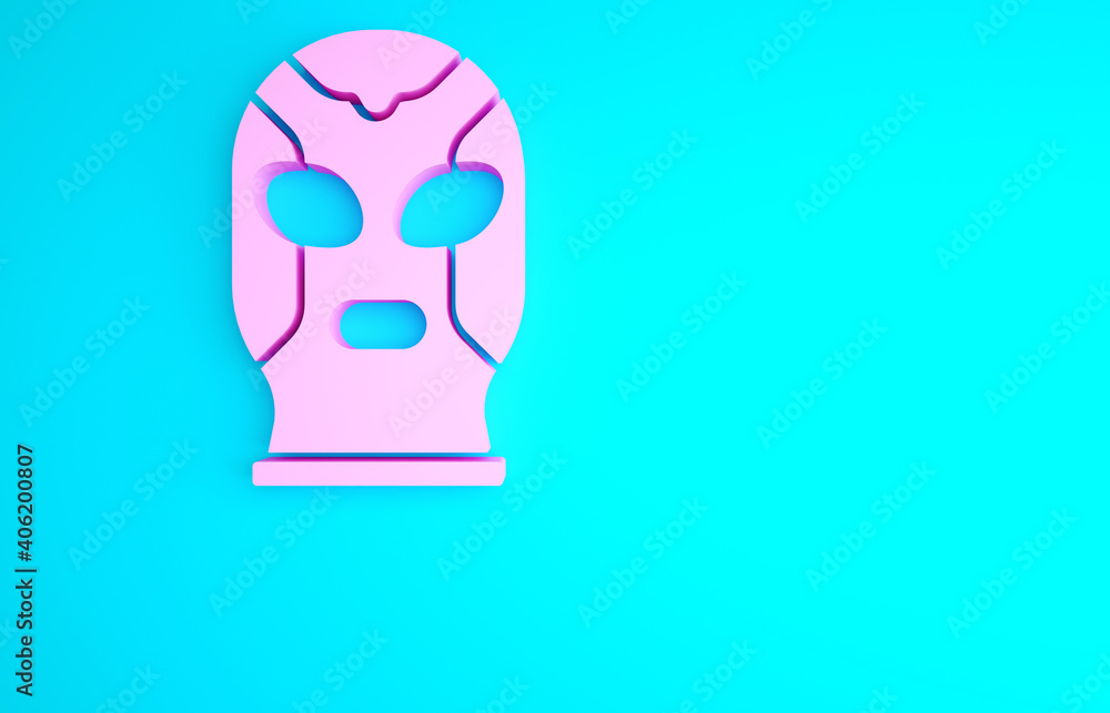 Pink Mexican wrestler icon isolated on blue background. Minimalism concept. 3d illustration 3D render.
