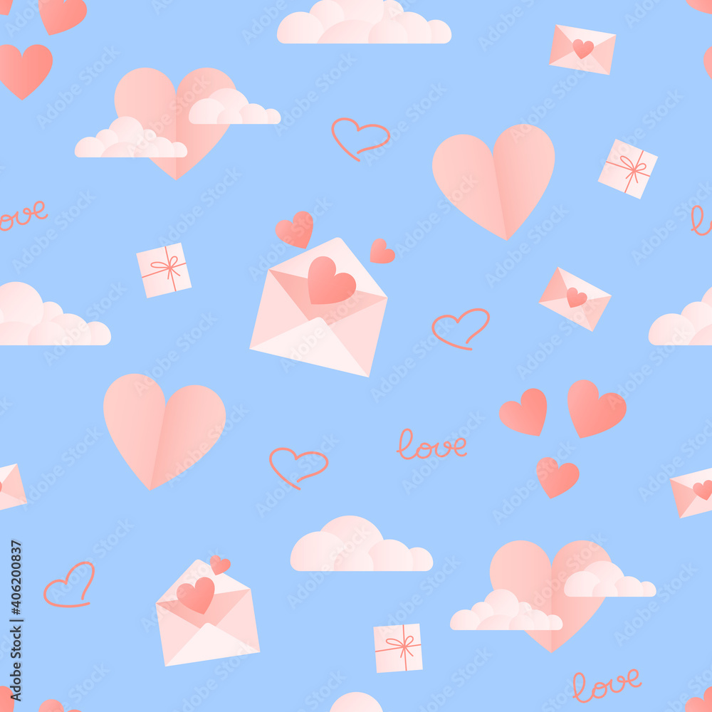 Valentine's Day background. Seamless vector pattern with pink hearts, gifts, clouds, envelopes on light blue background.