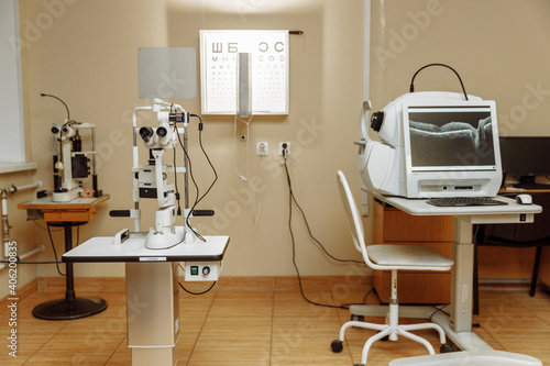 View of the ophthalmic microscope on the table in the ophthalmologist's office. Modern diagnostics and treatment of vision. Diagnostic microscopic medical equipment.