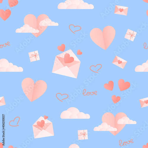 Obraz na płótnie Valentine's Day background. Seamless vector pattern with pink hearts, gifts, clouds, envelopes on light blue background. w salonie