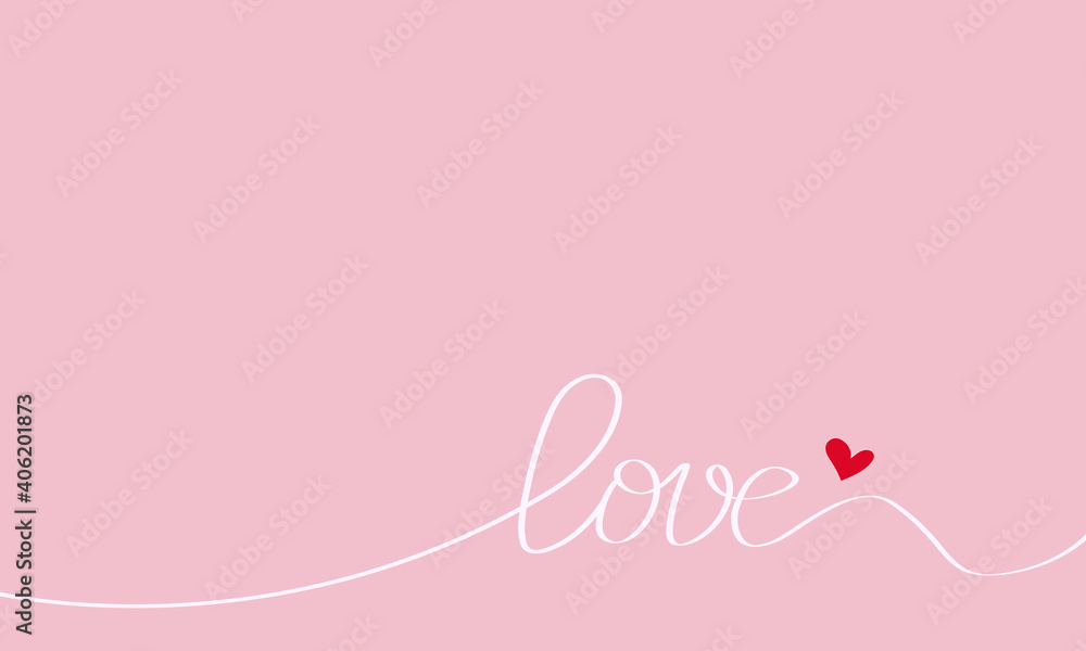 Handwritten phrase love against pink background. Valentines Day concept. Greeting postcard. Romantic design. Vector illustration