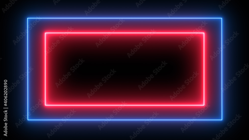  Sign in neon style. Popular abstract rectangle with neon blue red spectrum lines.