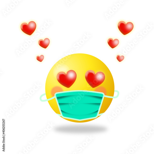 Emoji in love - yellow face in mask with expression in love. Love emoticon, emotions, yellow circle, vector graphics isolated on white background.