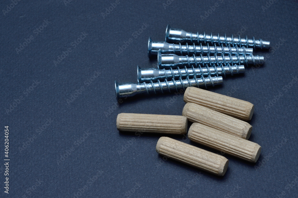 furniture screw and wooden dowel. lie on a dark background. close-up. furniture screw and wooden dowel. lie on a dark background. close-up.