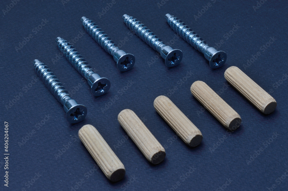furniture screw and wooden dowel. lie on a dark background. close-up. furniture screw and wooden dowel. lie on a dark background. close-up.