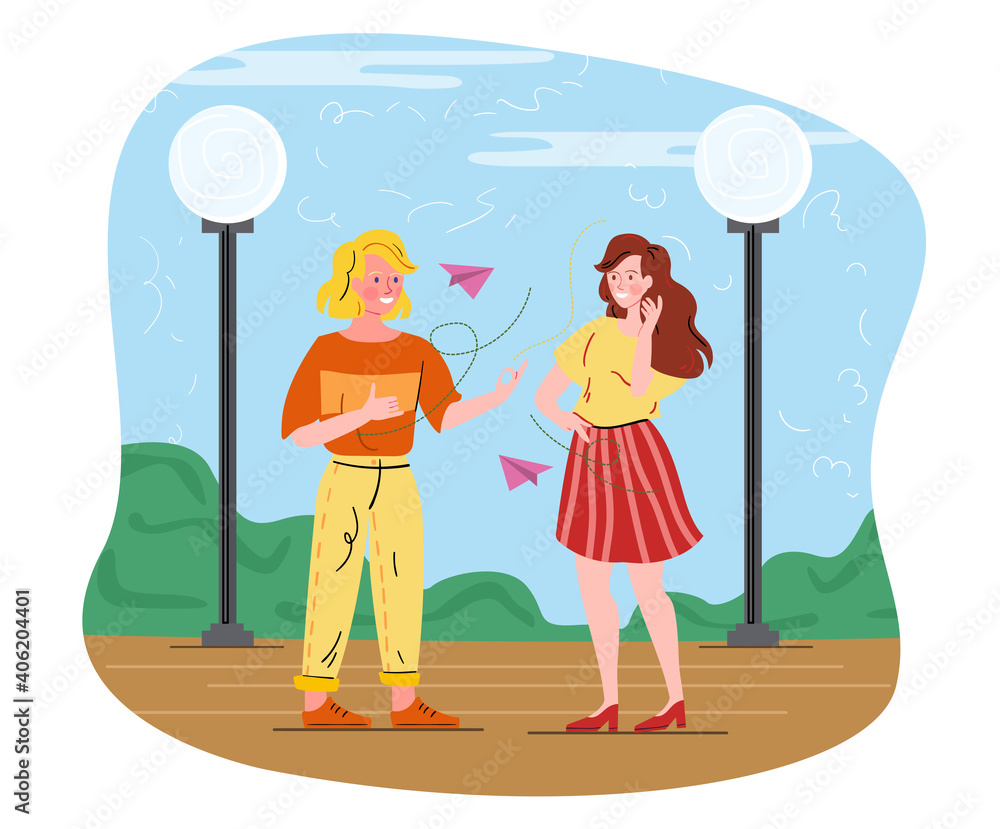 Deaf male and female characters talking to each other. Concept of