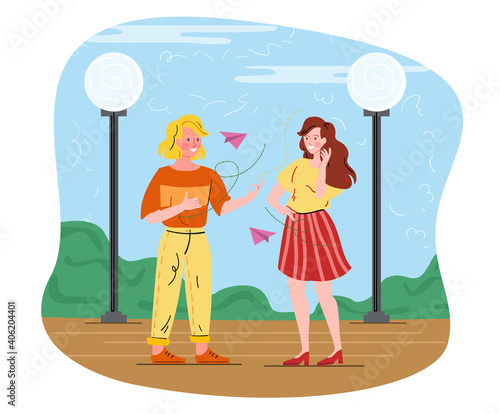 Deaf male and female characters talking to each other. Concept of hearing disability. Deaf-mute man and woman communicate using sign language. Flat cartoon vector illustration
