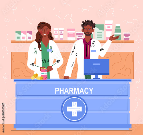 Male and female pharmacist working at drugstore and greeting customers. Pharmacists are ready to give advice on drug use. Flat cartoon vector illustration