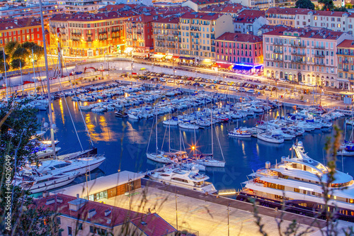 Idyllic view of yachts in harbor Rade de Villefranche in Nice, French riviera. 