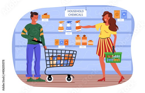Male and female characters are purchasing household chemicals at the store. Man and woman are examining products on half-empty shelves. Flat cartoon vector illustration