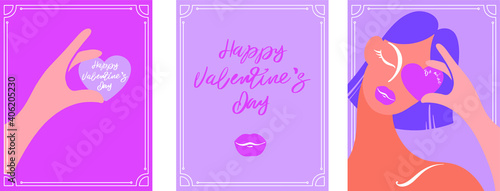 set of valentine's day cards. The girl holds a heart with an inscription on her face. cute postcards