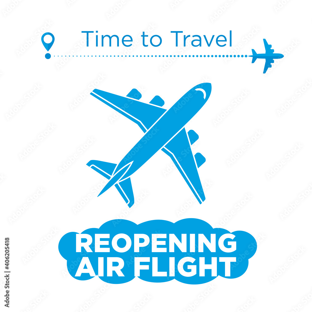 Air travel reopening sky after lockdown. Airplane line path of air plane flight route with start point and dash line trace. Vector icon on transparent background