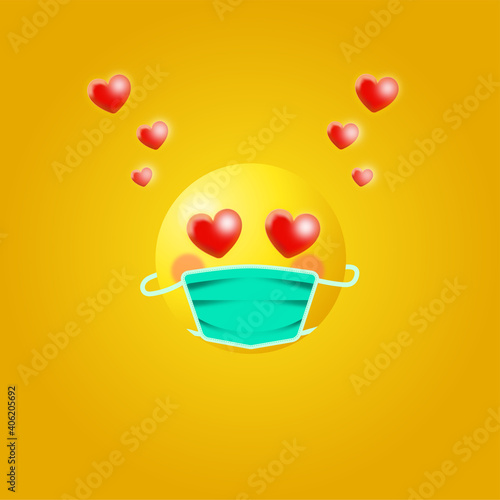 Emoji in love - yellow face in mask with expression in love. Love emoticon, emotions, yellow circle, vector graphics isolated on white background.