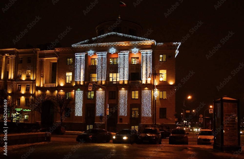 Christmas festive decoration and electric lights on the streets of St. Petersburg