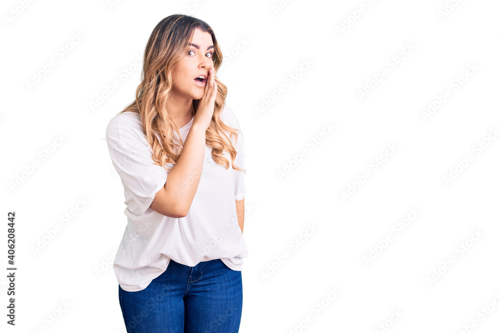 Young caucasian woman wearing casual clothes hand on mouth telling secret rumor, whispering malicious talk conversation Young caucasian woman wearing casual clothes hand on mouth telling secret rumor, whispering malicious talk conversation