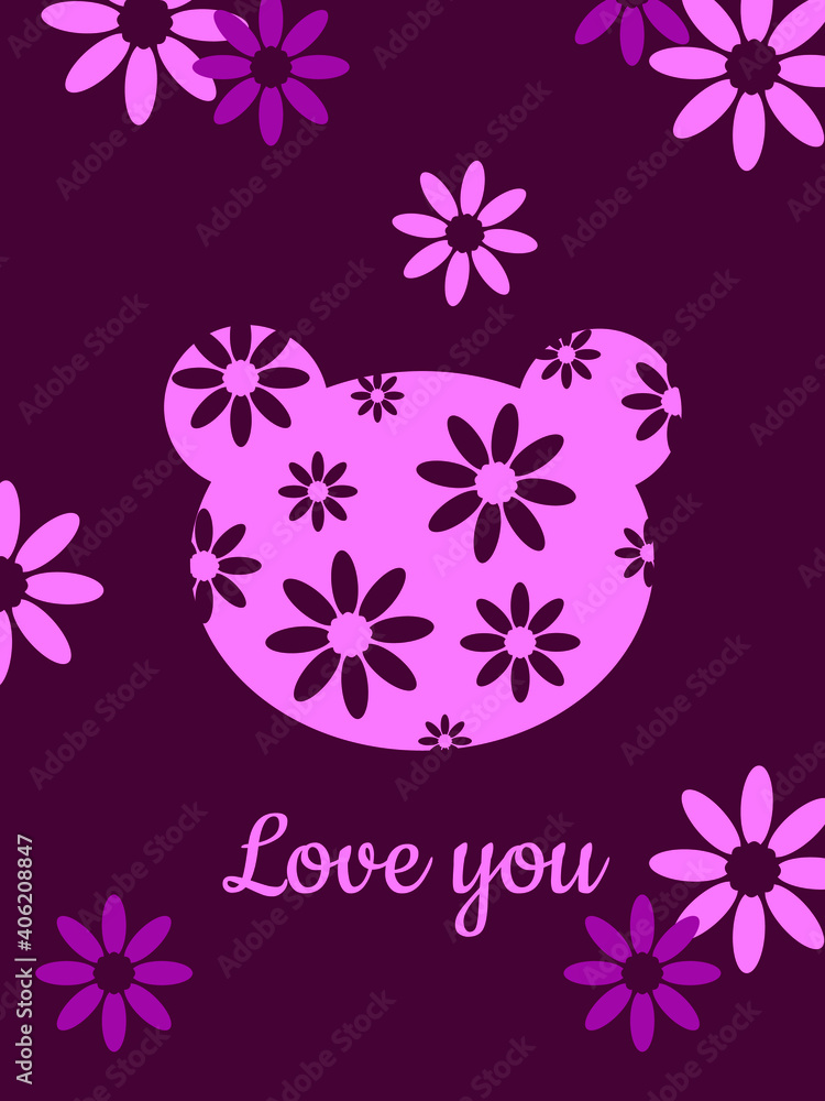 The bear's head is pink with flowers on a purple background. Cute holiday card for Valentine's Day, birthday. Printing illustrations on cups, textiles, clothing, gliders. Vector illustration.
