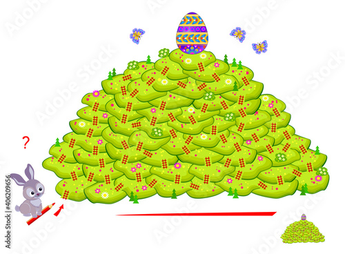 Logic puzzle game with labyrinth for children and adults. Help the rabbit find the way till the Easter egg. Worksheet for kids brain teaser book. IQ test. Play online. Vector illustration.