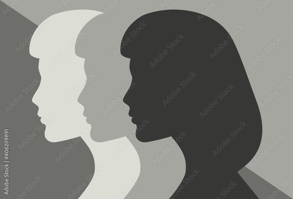 Three Women in Silhouette. Side view. Colorless vector illustration. Girls power background
