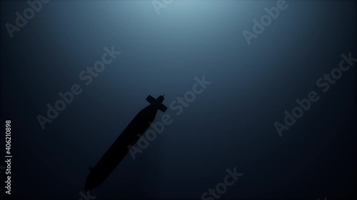 Submarine silhouette underwater. Bright volumetric light shafts from above. 3D Animation.