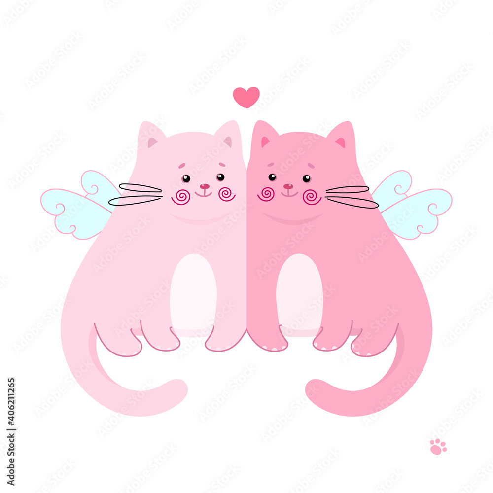 Cute in love cat angels. Vector illustration. A couple of funny kittens with wings useful for greeting Valentines themed card and invitation, prints for apparel, designs, and many other applications. Cute in love cat angels. Vector illustration. A couple of funny kittens with wings useful for greeting Valentines themed card and invitation, prints for apparel, designs, and many other applications.