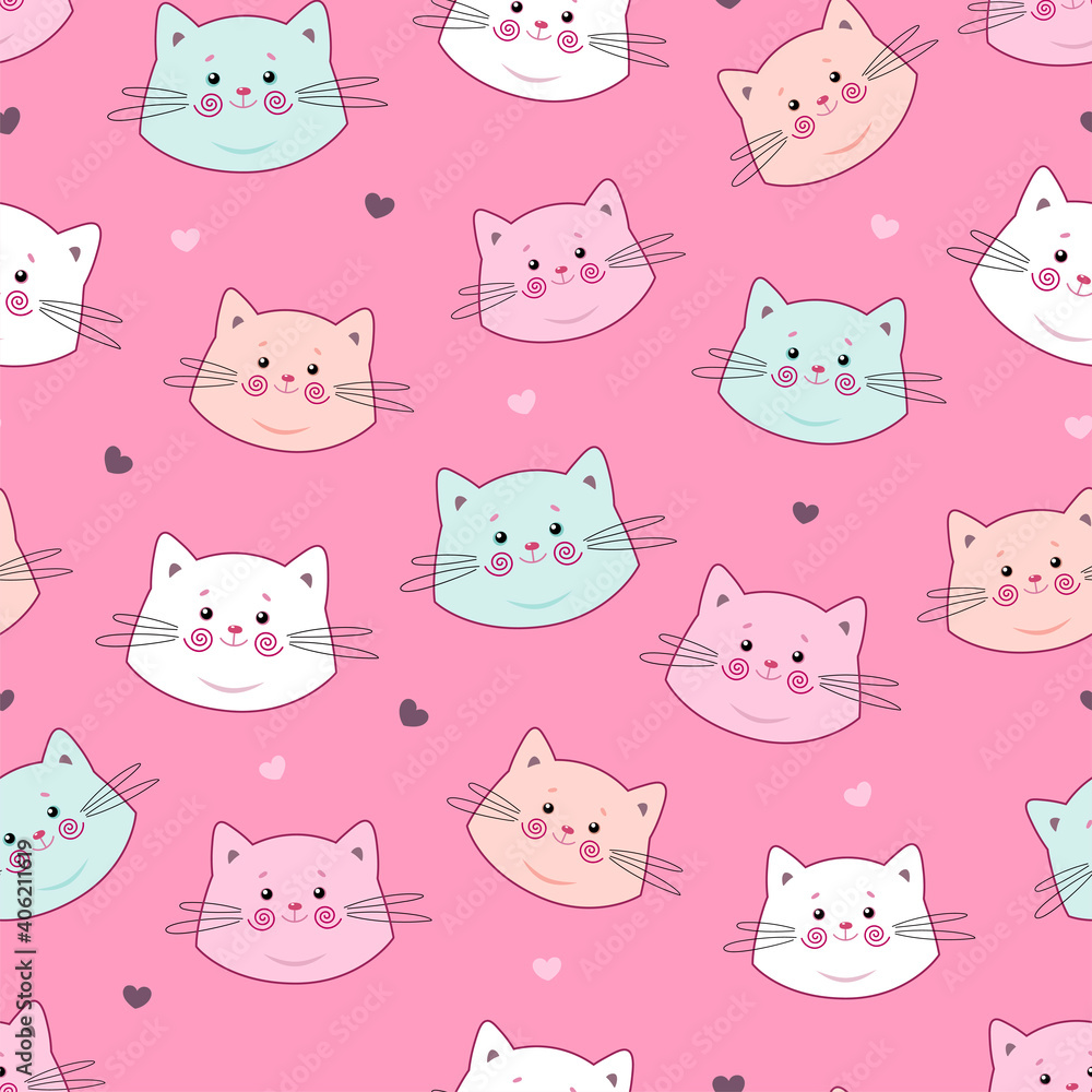 Cute seamless pattern with pretty kittens. Great for baby fabric, textile, wallpaper. Cats. Kids cartoon vector background. Pastel Colors.