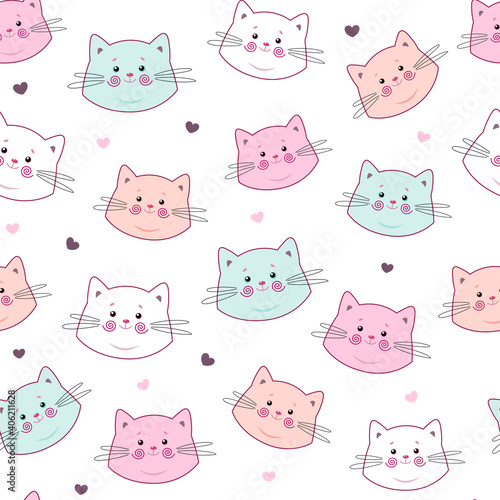 Cute seamless pattern with pretty kittens. Great for baby fabric, textile, wallpaper. Cats. Kids cartoon vector background. Pastel Colors.