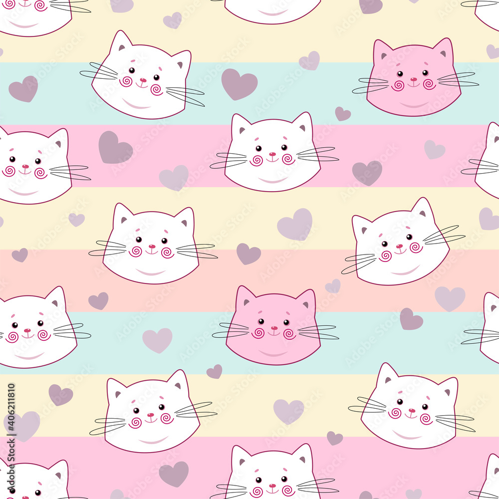 Cute seamless pattern with pretty kittens. Great for baby fabric, textile, wallpaper. Cats. Kids cartoon vector background. Pastel Colors. Cute seamless pattern with pretty kittens. Great for baby fabric, textile, wallpaper. Cats. Kids cartoon vector background. Pastel Colors.