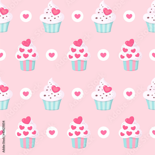 Cute seamless pattern with lovely cupcakes. Great for birthday theme  baby fabric  textile  wallpaper  wrapping paper  invitation cards etc. Sweets. Kids cartoon vector background. Pastel Colors.