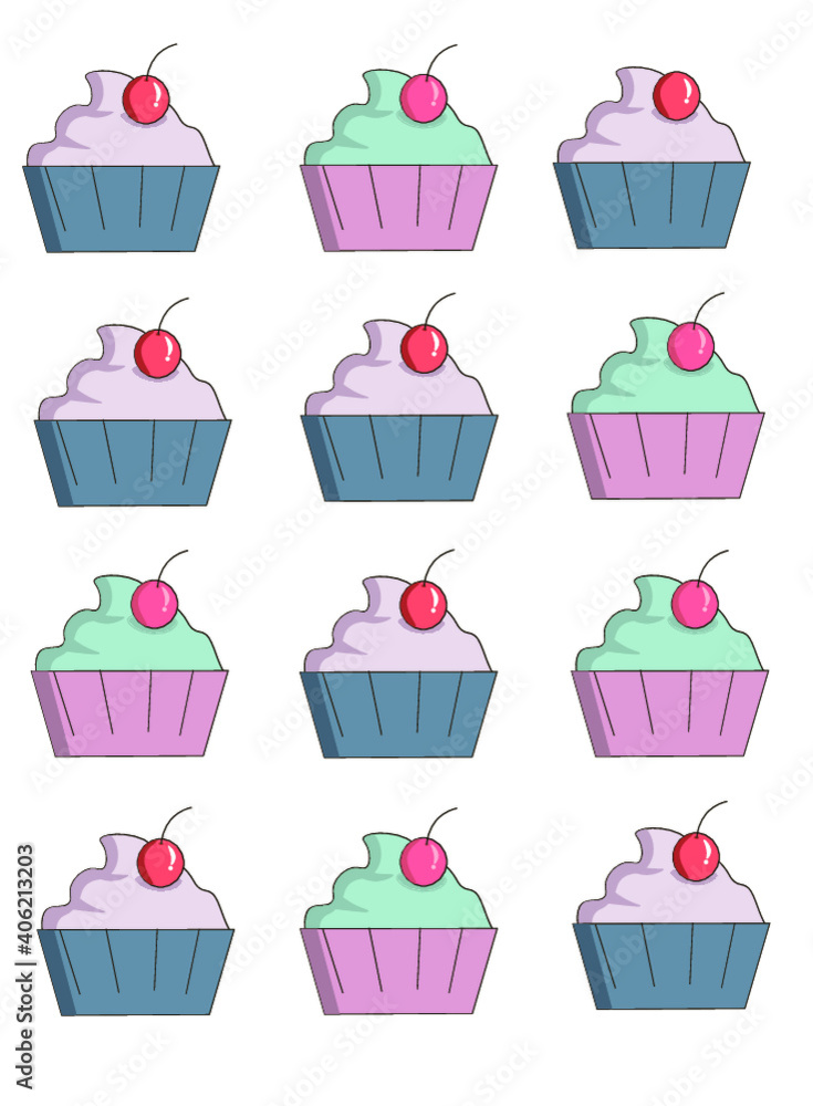 Set of cupcakes of different colors with cream and cherries